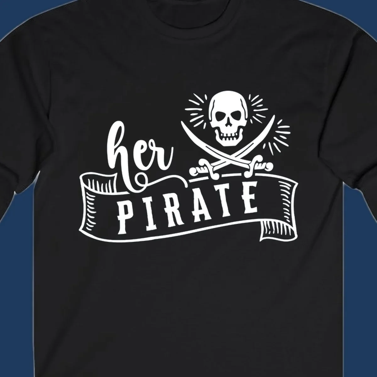 Vintage-style pirate skull with crossed swords and 'Ahoy PIRATE' text banner design