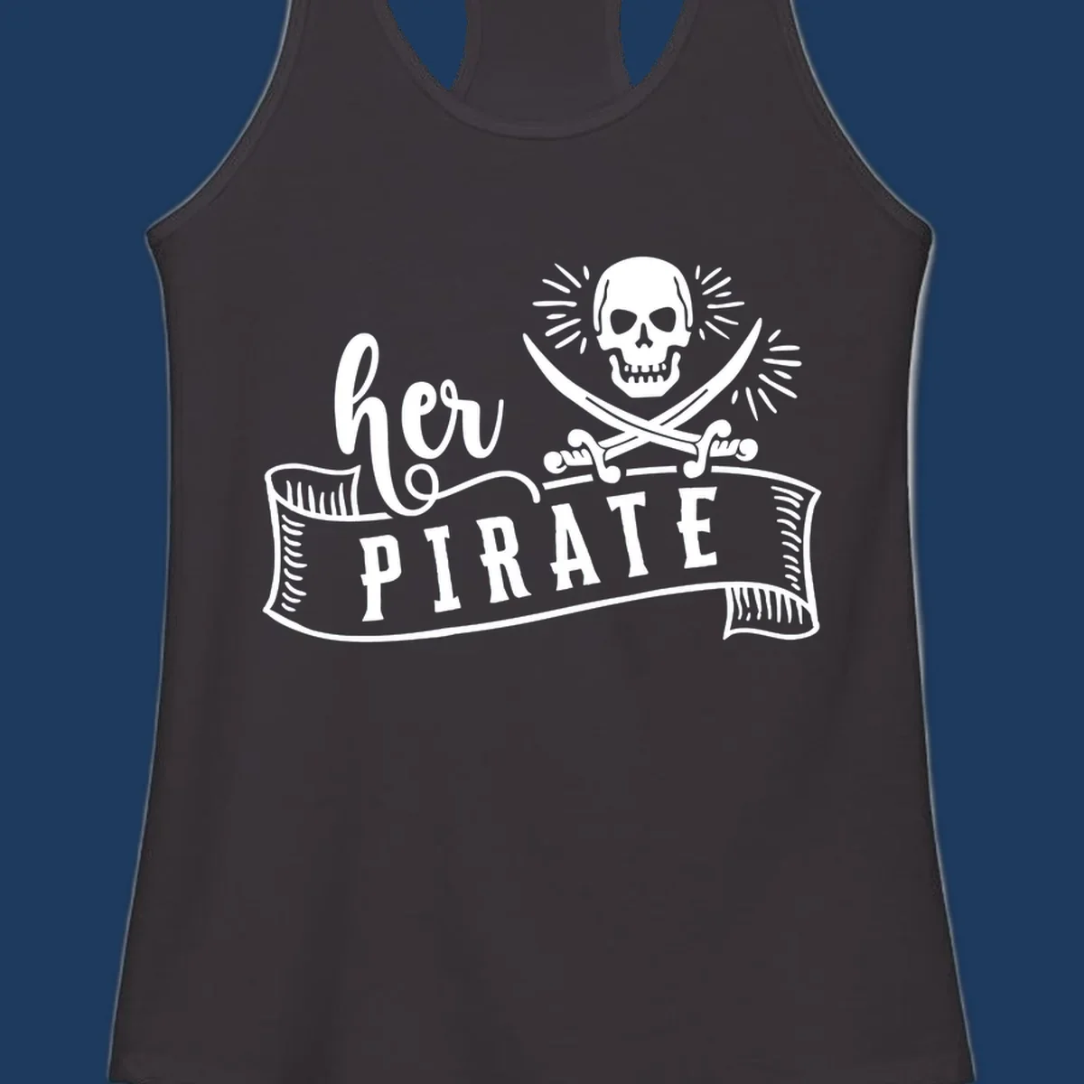 Vintage-style pirate skull with crossed swords and 'Ahoy PIRATE' text banner design