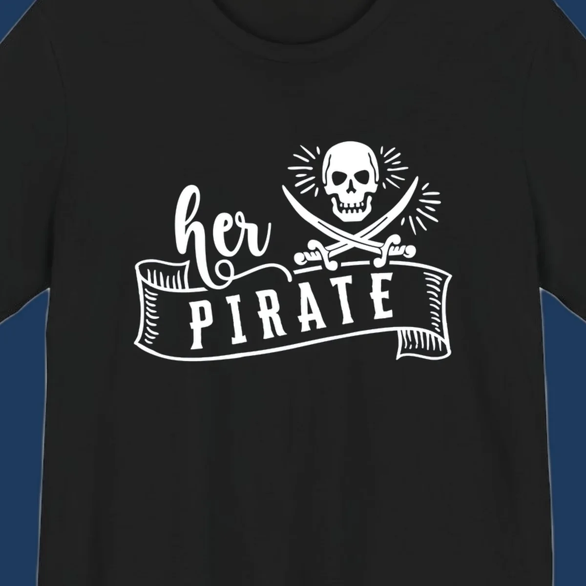 Vintage-style pirate skull with crossed swords and 'Ahoy PIRATE' text banner design