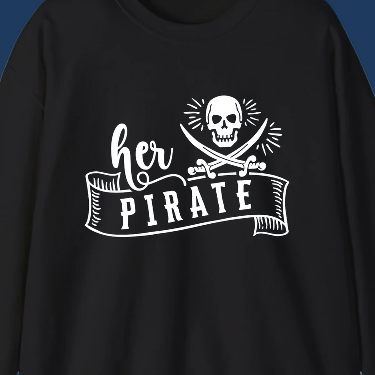 Vintage-style pirate skull with crossed swords and 'Ahoy PIRATE' text banner design