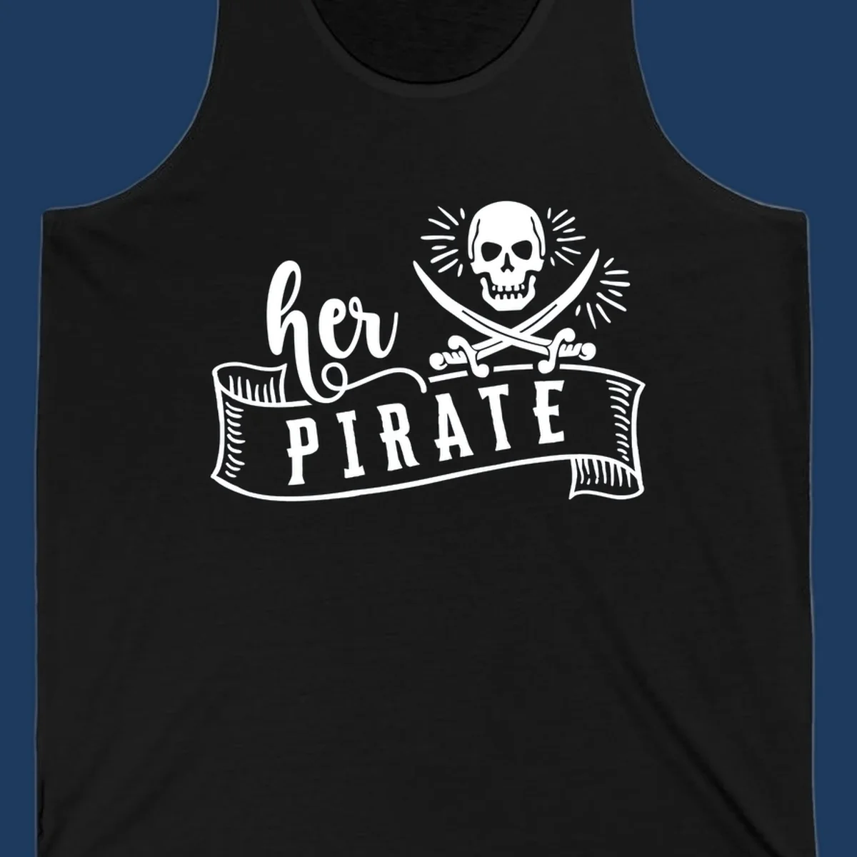 Vintage-style pirate skull with crossed swords and 'Ahoy PIRATE' text banner design