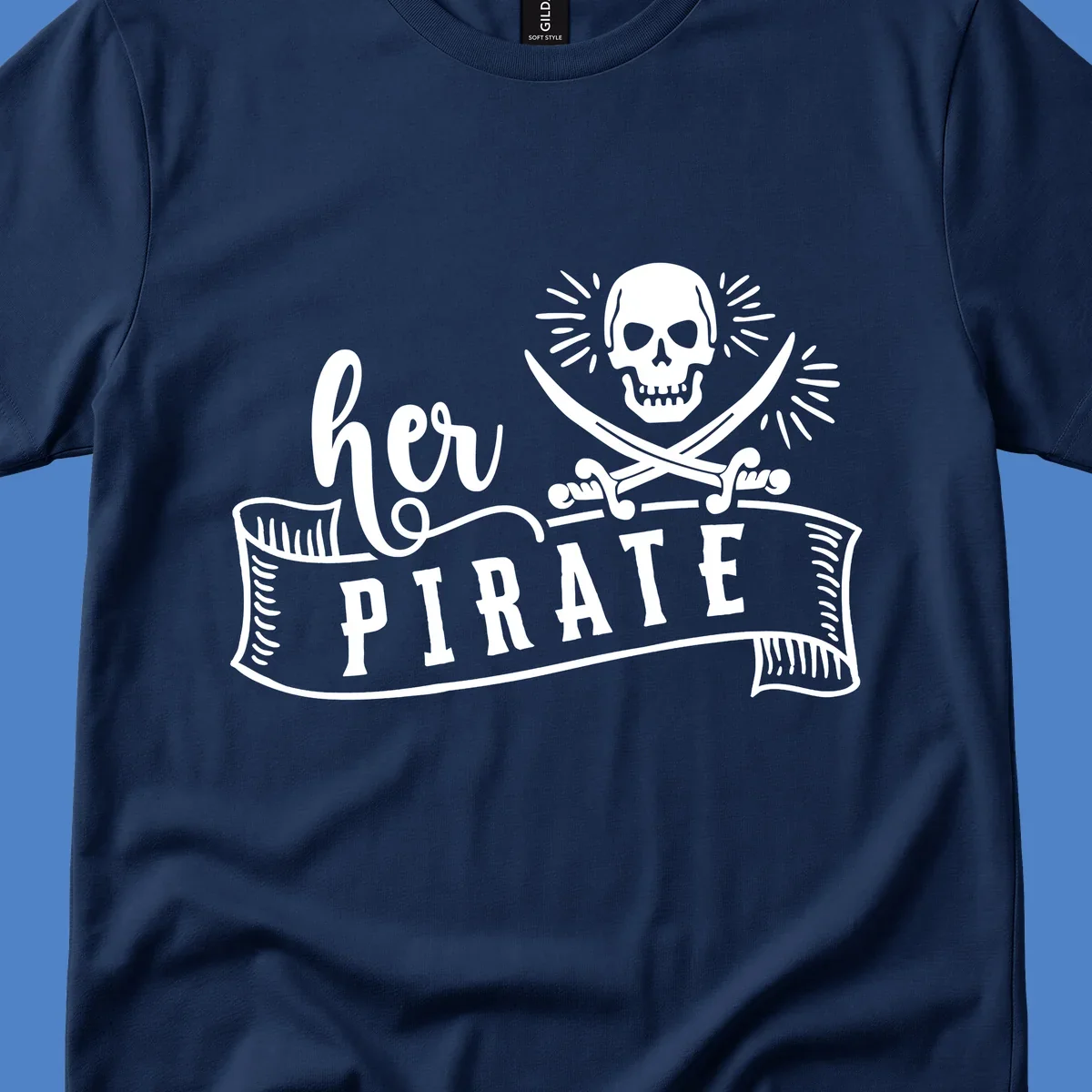 Vintage-style pirate skull with crossed swords and 'Ahoy PIRATE' text banner design