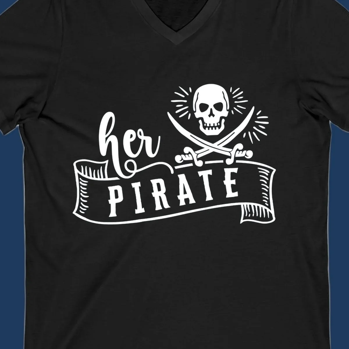 Vintage-style pirate skull with crossed swords and 'Ahoy PIRATE' text banner design
