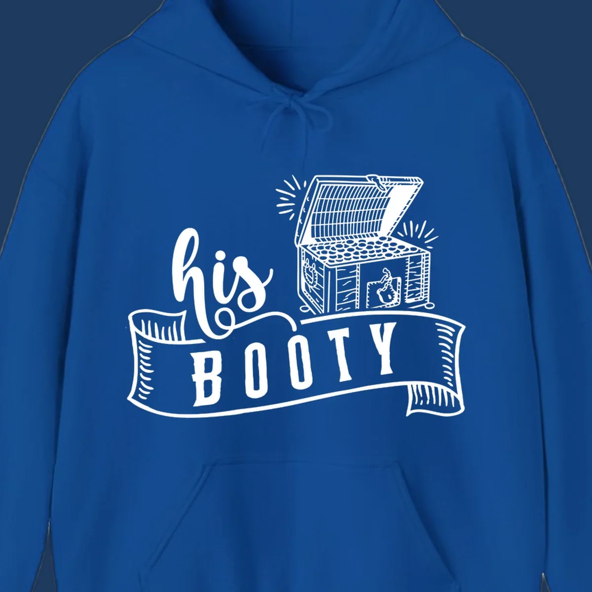 His booty cruise design with open treasure chest overflowing coins and radiating light rays in white on gray background