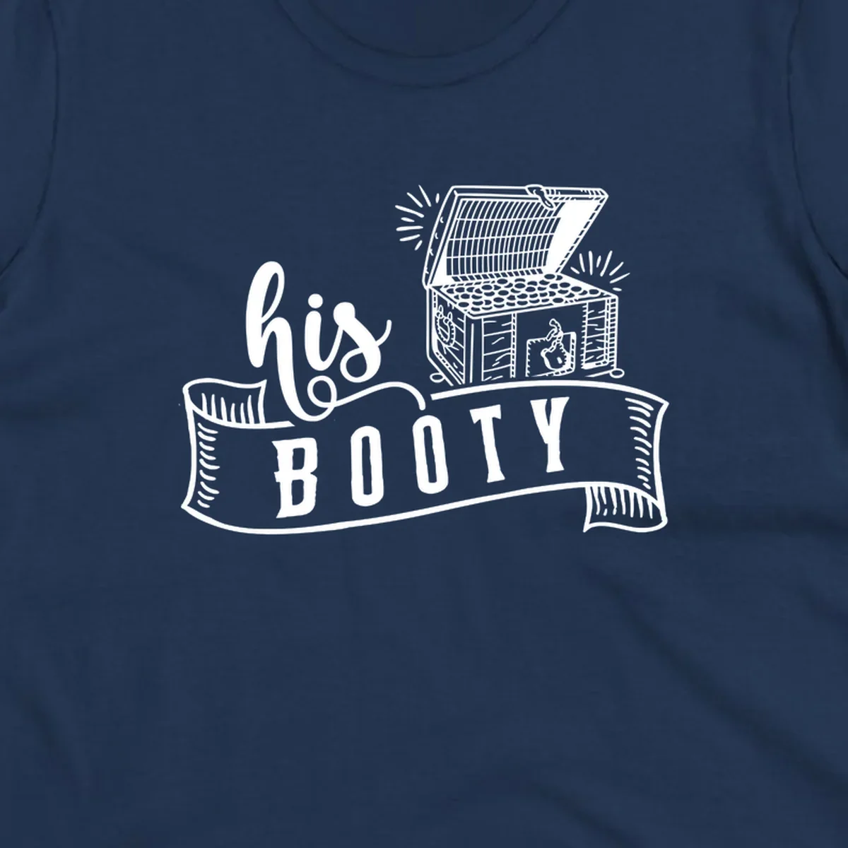 His booty cruise design with open treasure chest overflowing coins and radiating light rays in white on gray background