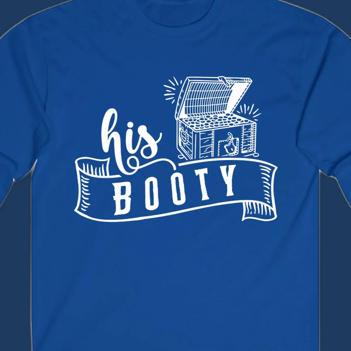 His booty cruise design with open treasure chest overflowing coins and radiating light rays in white on gray background