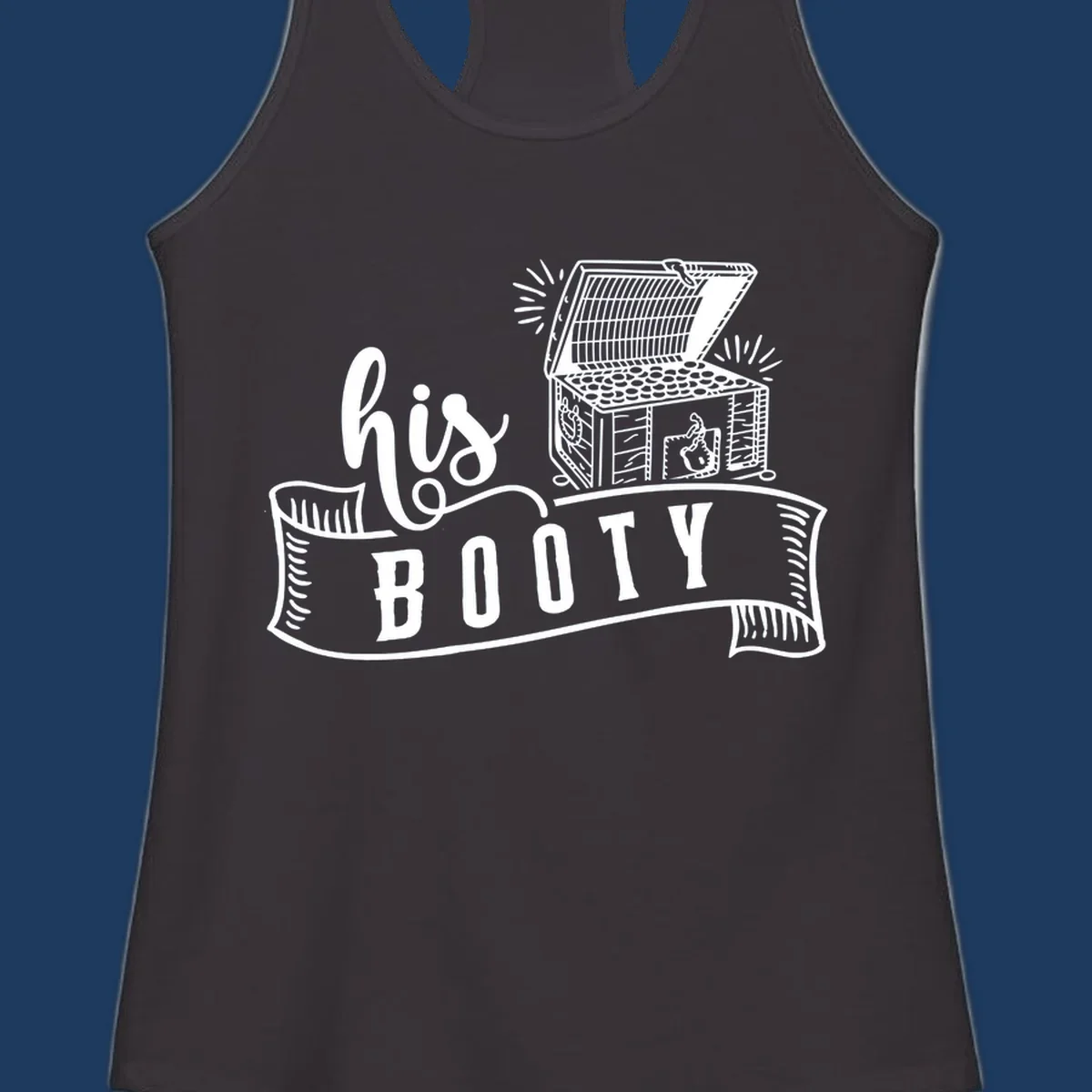 His booty cruise design with open treasure chest overflowing coins and radiating light rays in white on gray background