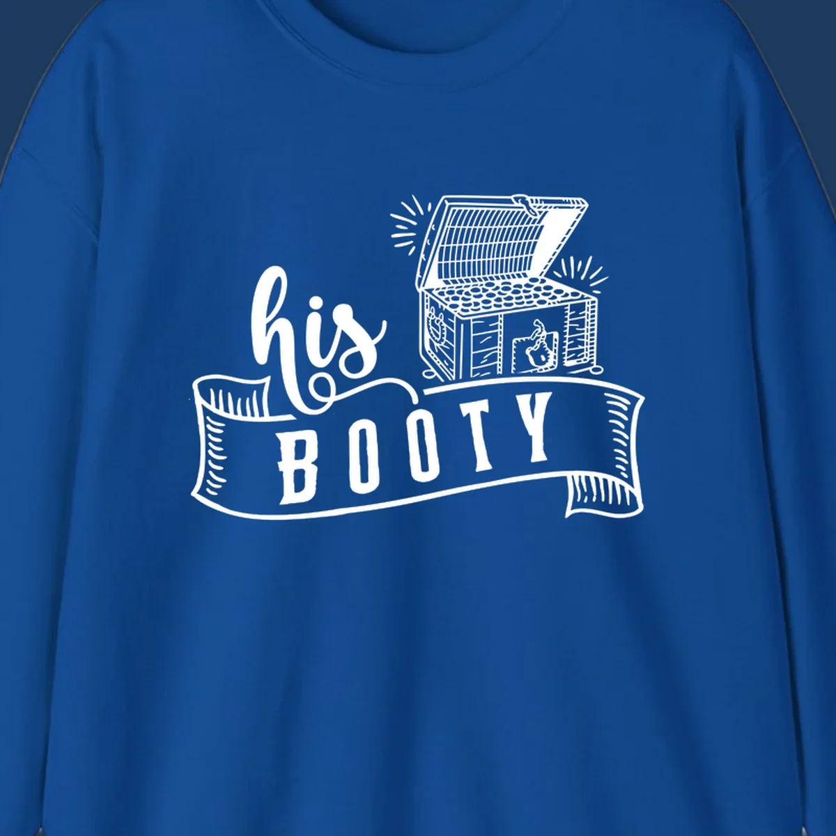 His booty cruise design with open treasure chest overflowing coins and radiating light rays in white on gray background