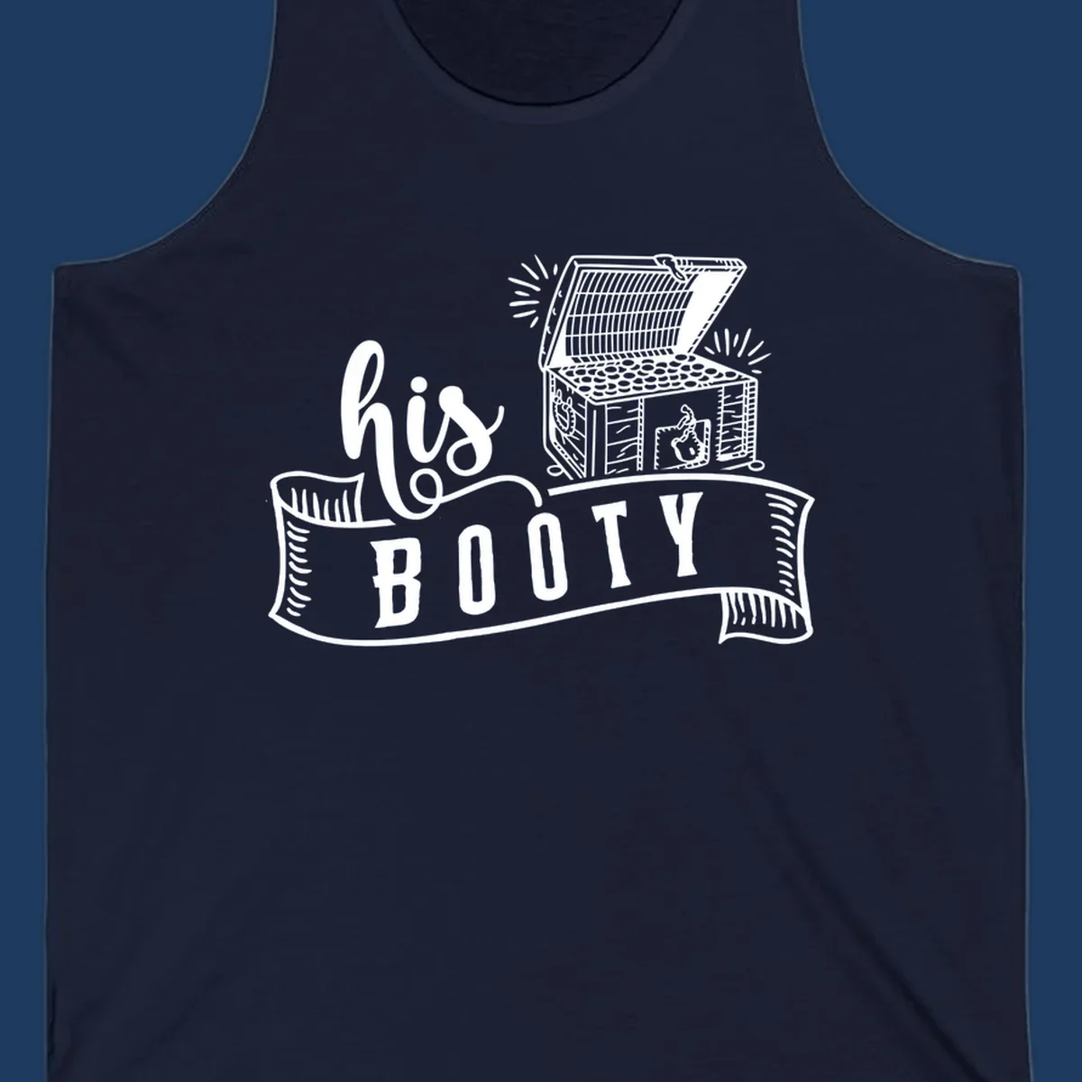 His booty cruise design with open treasure chest overflowing coins and radiating light rays in white on gray background
