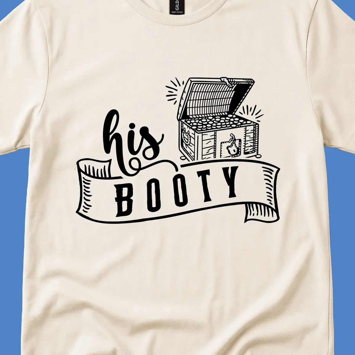 His booty cruise design with open treasure chest overflowing coins and radiating light rays in white on gray background