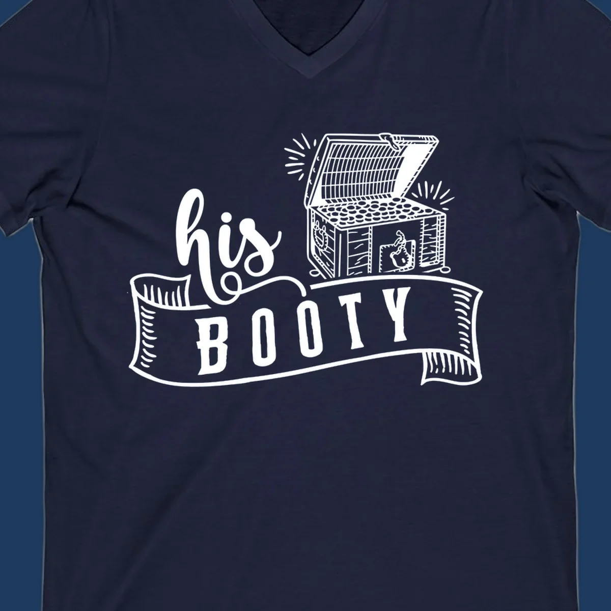 His booty cruise design with open treasure chest overflowing coins and radiating light rays in white on gray background