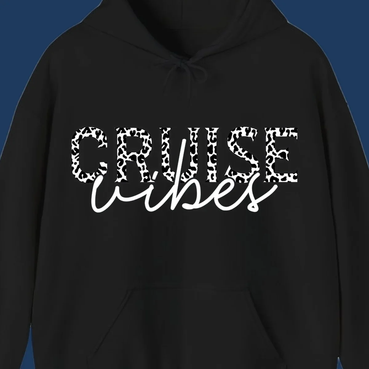 Cruise vibes leopard print design with bold black and white animal pattern lettering and cursive script