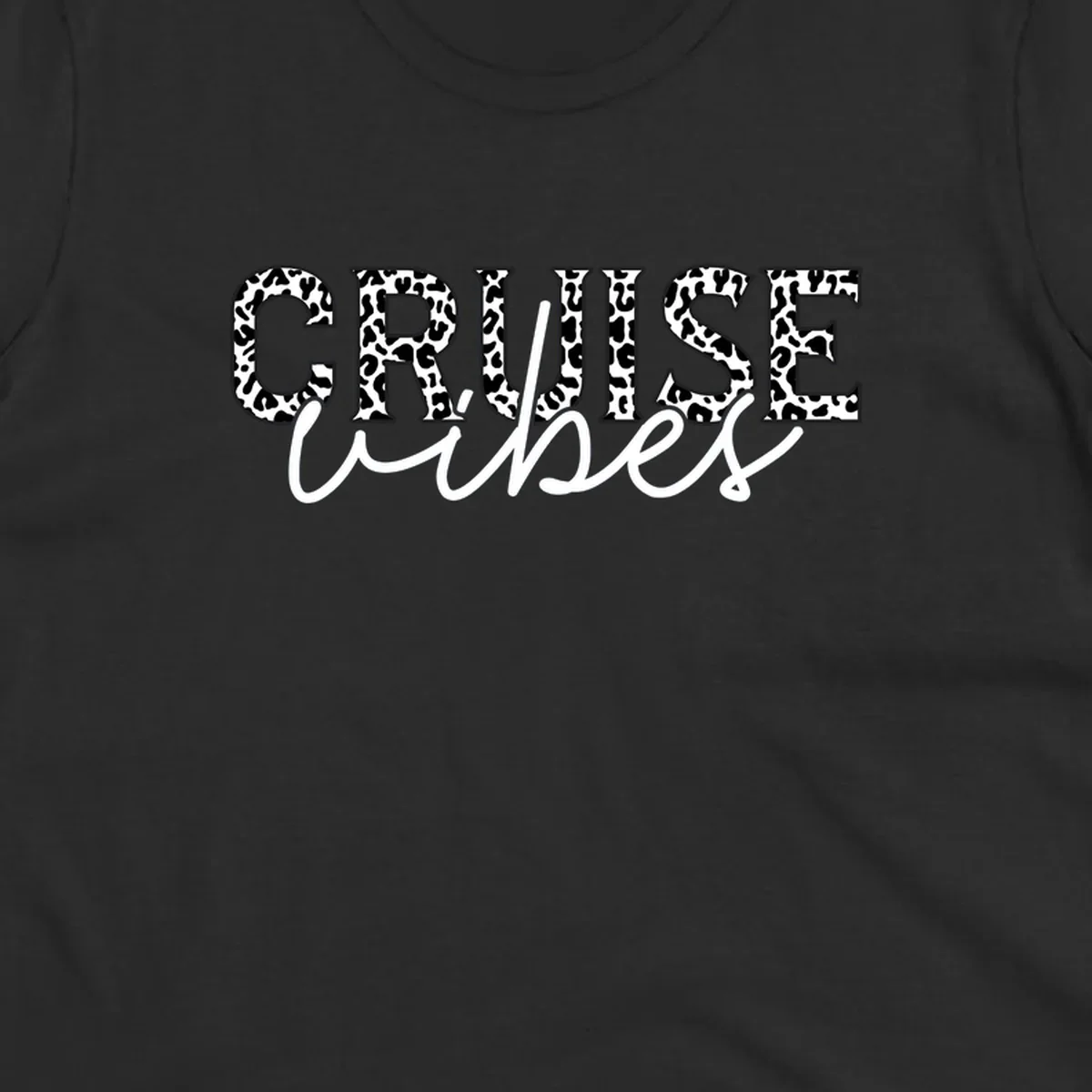 Cruise vibes leopard print design with bold black and white animal pattern lettering and cursive script