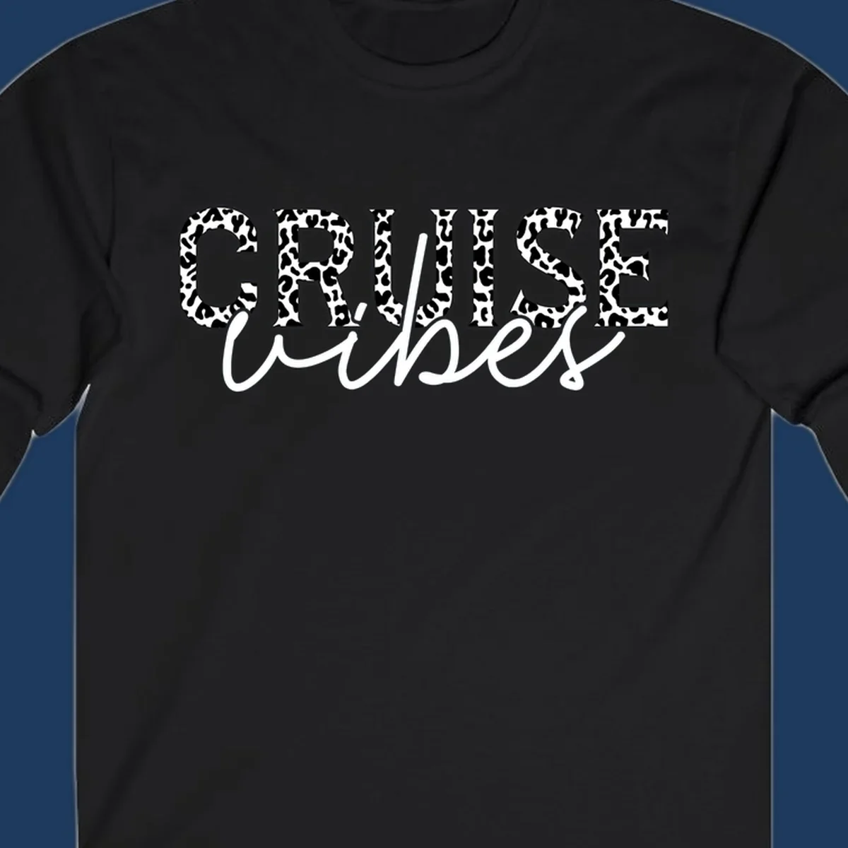Cruise vibes leopard print design with bold black and white animal pattern lettering and cursive script