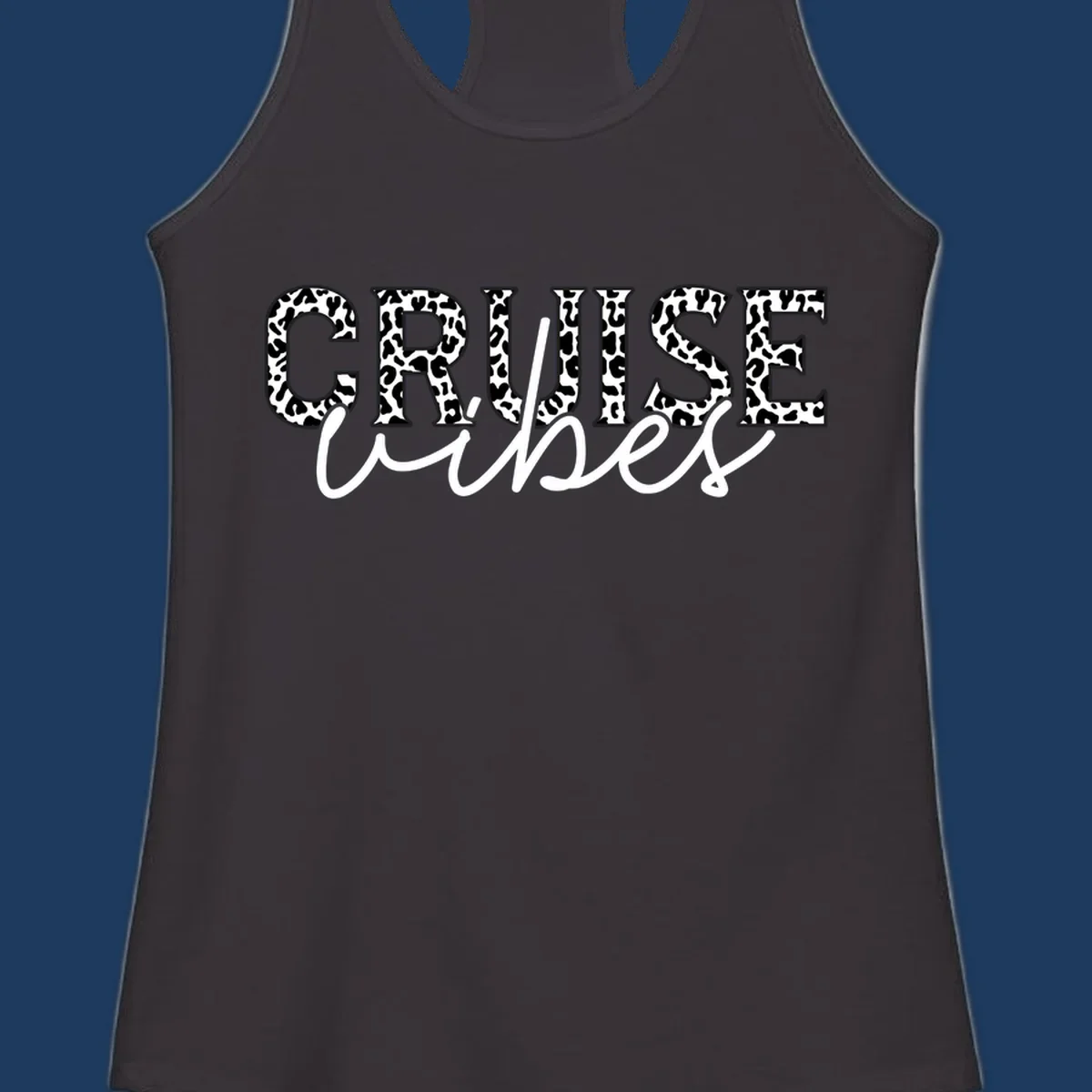 Cruise vibes leopard print design with bold black and white animal pattern lettering and cursive script