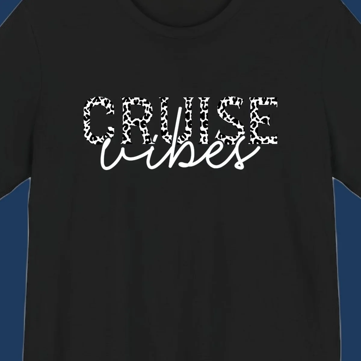 Cruise vibes leopard print design with bold black and white animal pattern lettering and cursive script
