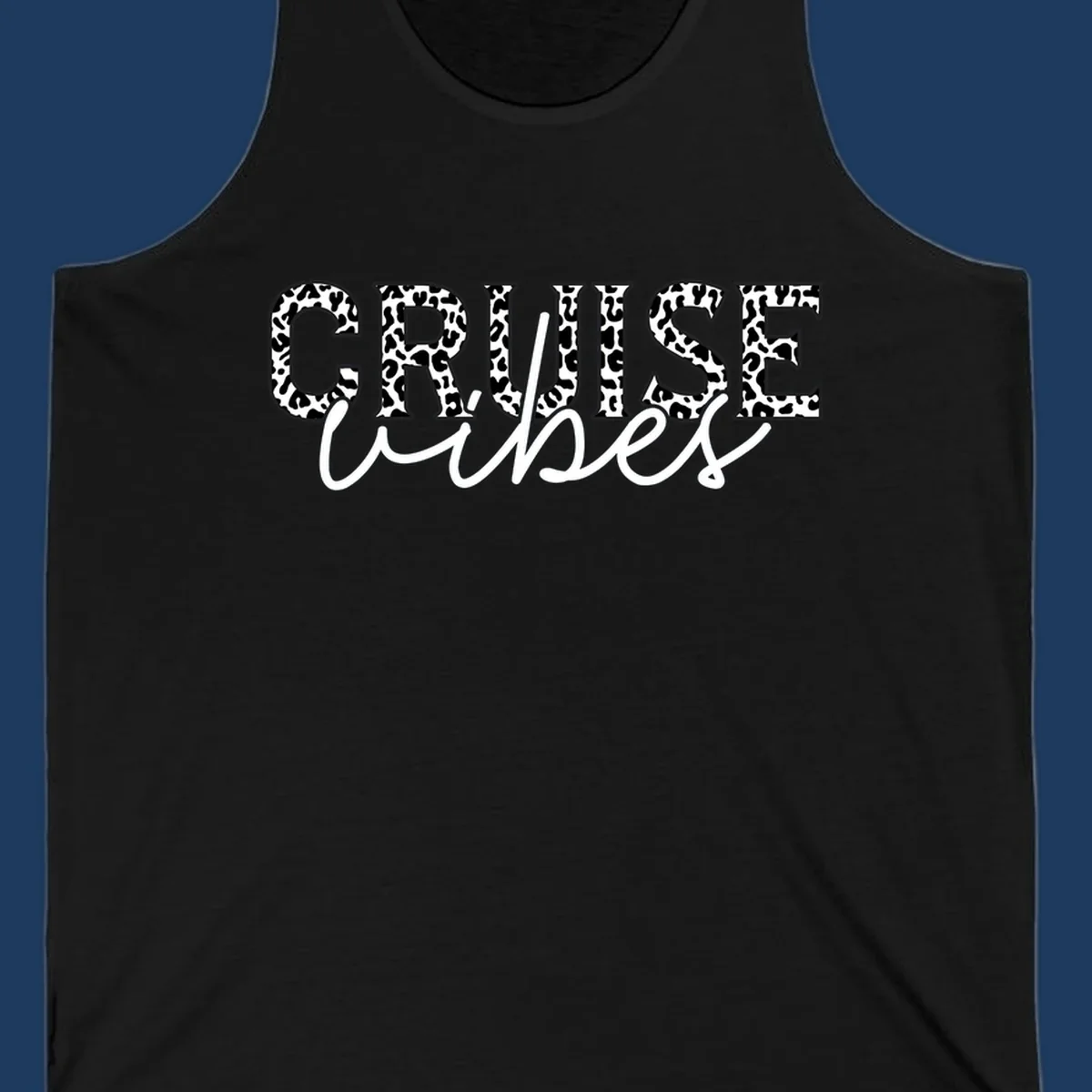 Cruise vibes leopard print design with bold black and white animal pattern lettering and cursive script