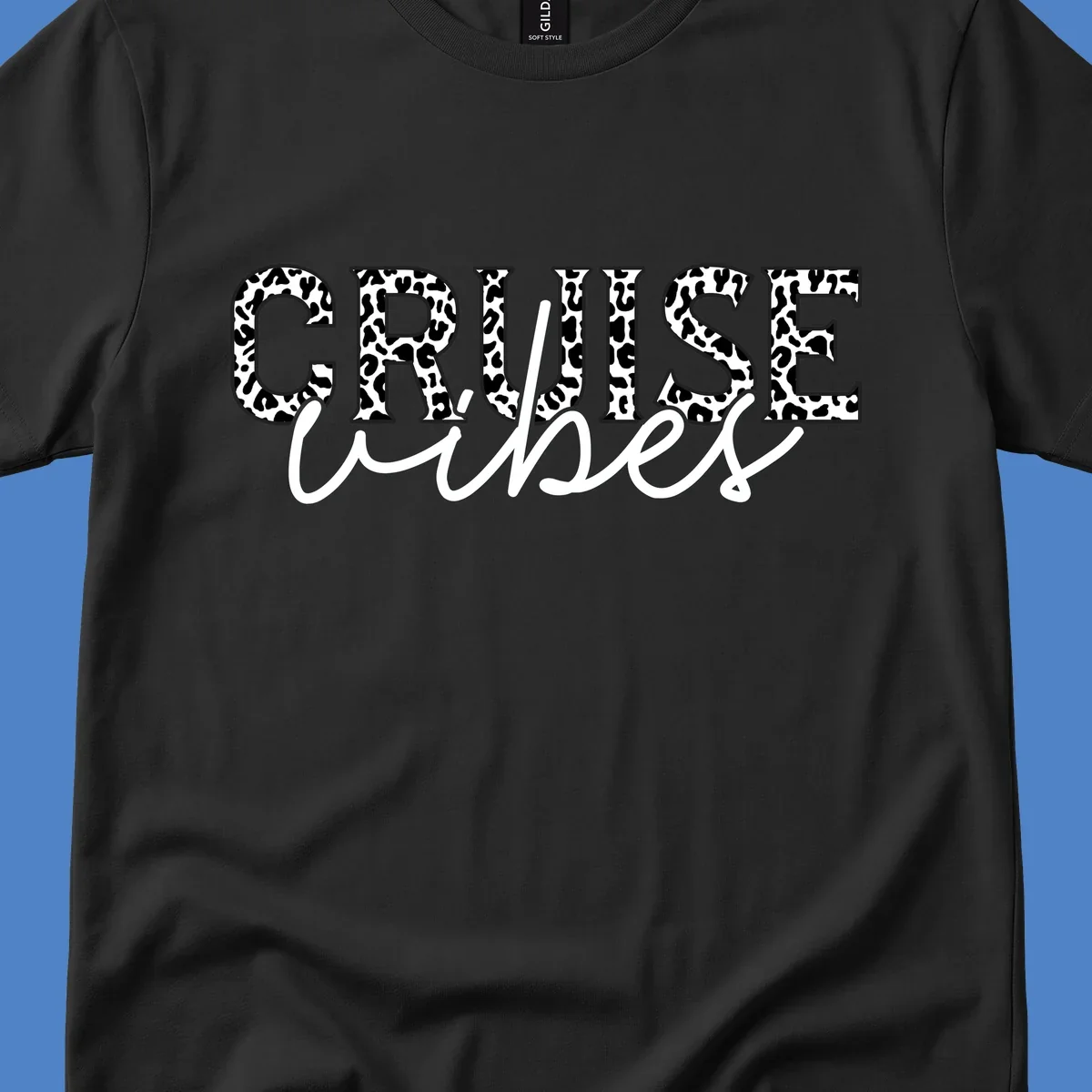 Cruise vibes leopard print design with bold black and white animal pattern lettering and cursive script