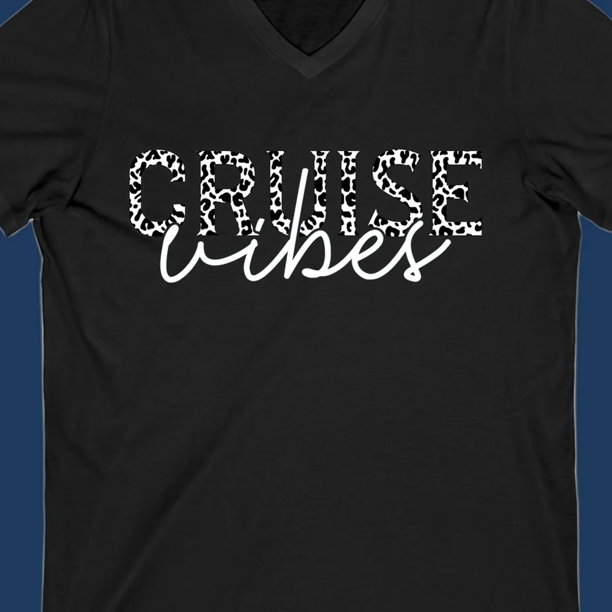Cruise vibes leopard print design with bold black and white animal pattern lettering and cursive script