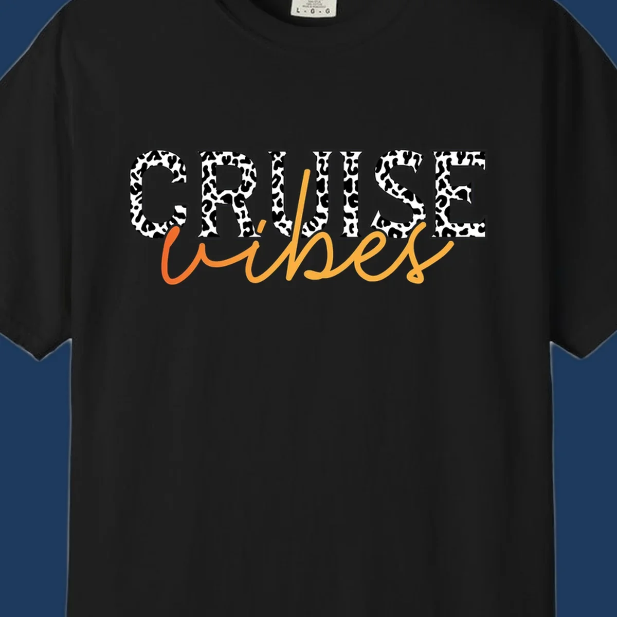 Leopard print text design reading 'CRUISE Vibes' in bold capitals and flowing script on gray background