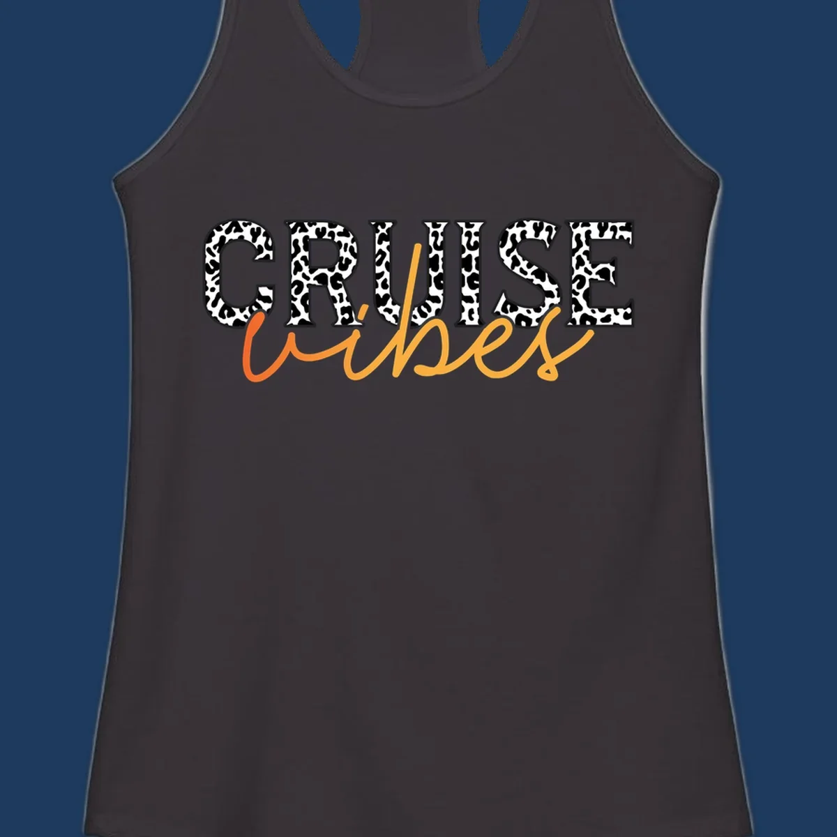 Leopard print text design reading 'CRUISE Vibes' in bold capitals and flowing script on gray background