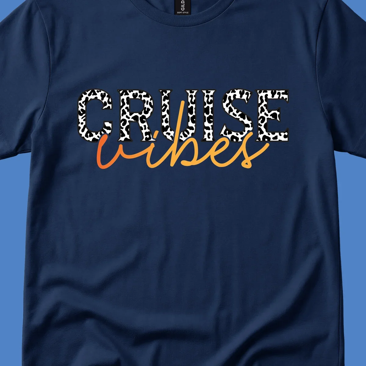 Leopard print text design reading 'CRUISE Vibes' in bold capitals and flowing script on gray background