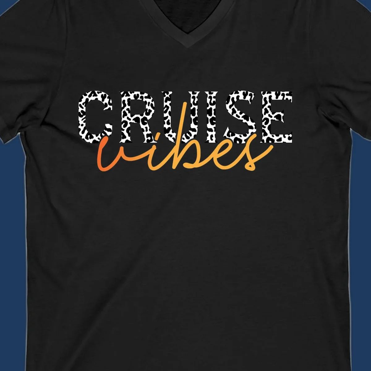 Leopard print text design reading 'CRUISE Vibes' in bold capitals and flowing script on gray background