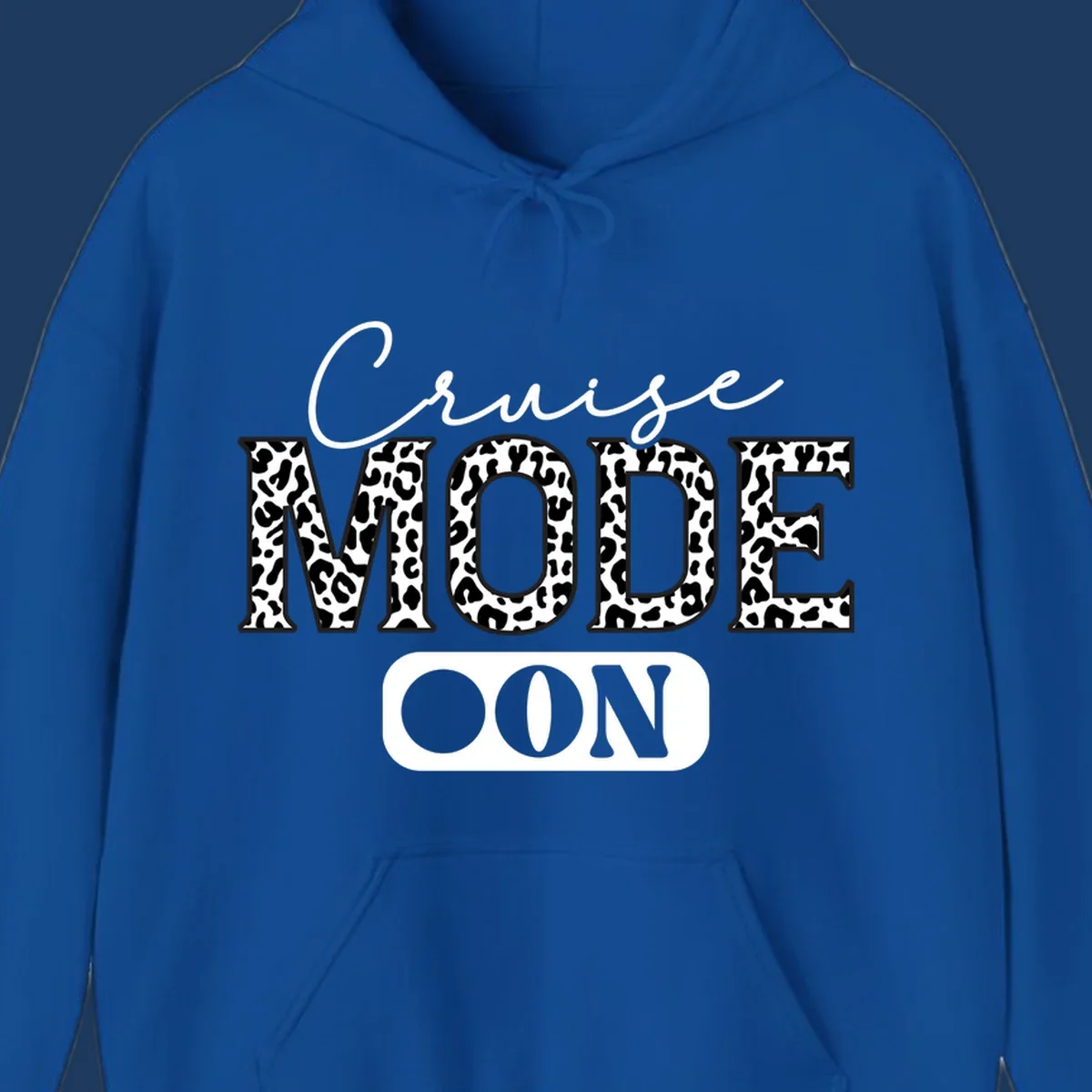 Cruise mode leopard print design with cursive and bold lettering on gray background