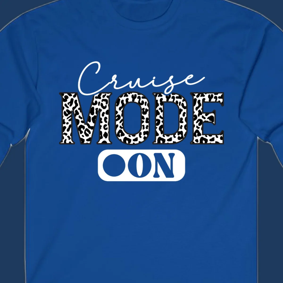 Cruise mode leopard print design with cursive and bold lettering on gray background