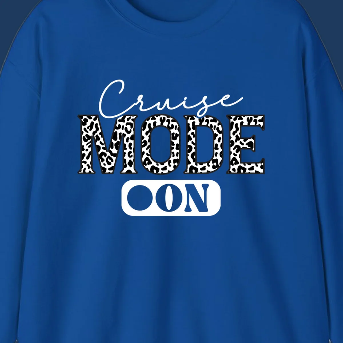 Cruise mode leopard print design with cursive and bold lettering on gray background