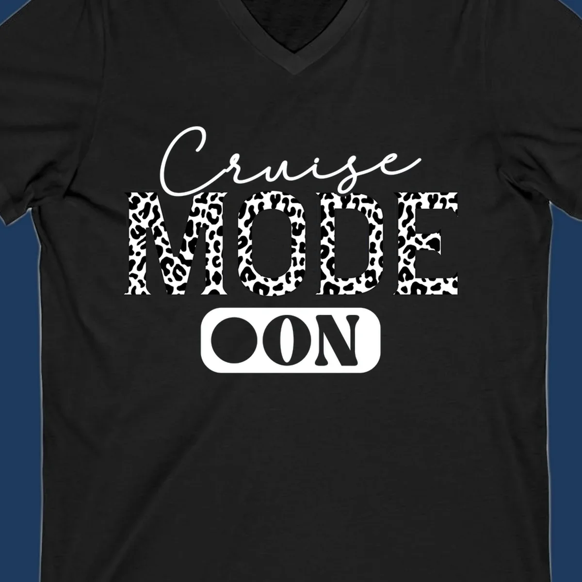 Cruise mode leopard print design with cursive and bold lettering on gray background