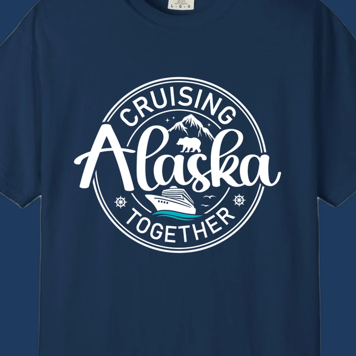 Circular badge design reading 'Cruising Alaska Together' with mountain, bear, and cruise ship illustrations in white and teal on gray background