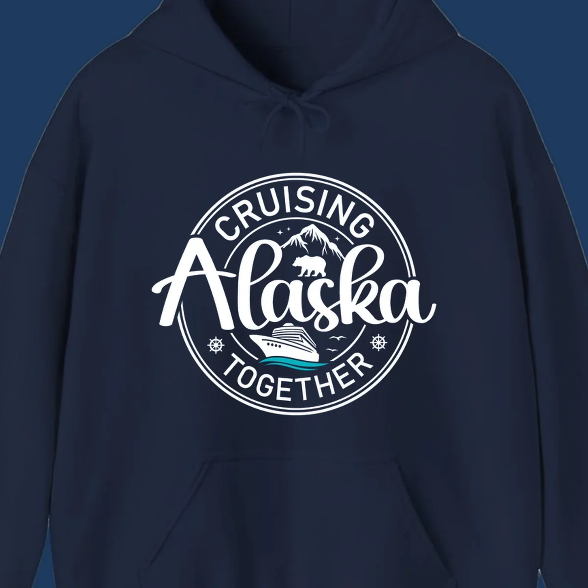 Circular badge design reading 'Cruising Alaska Together' with mountain, bear, and cruise ship illustrations in white and teal on gray background