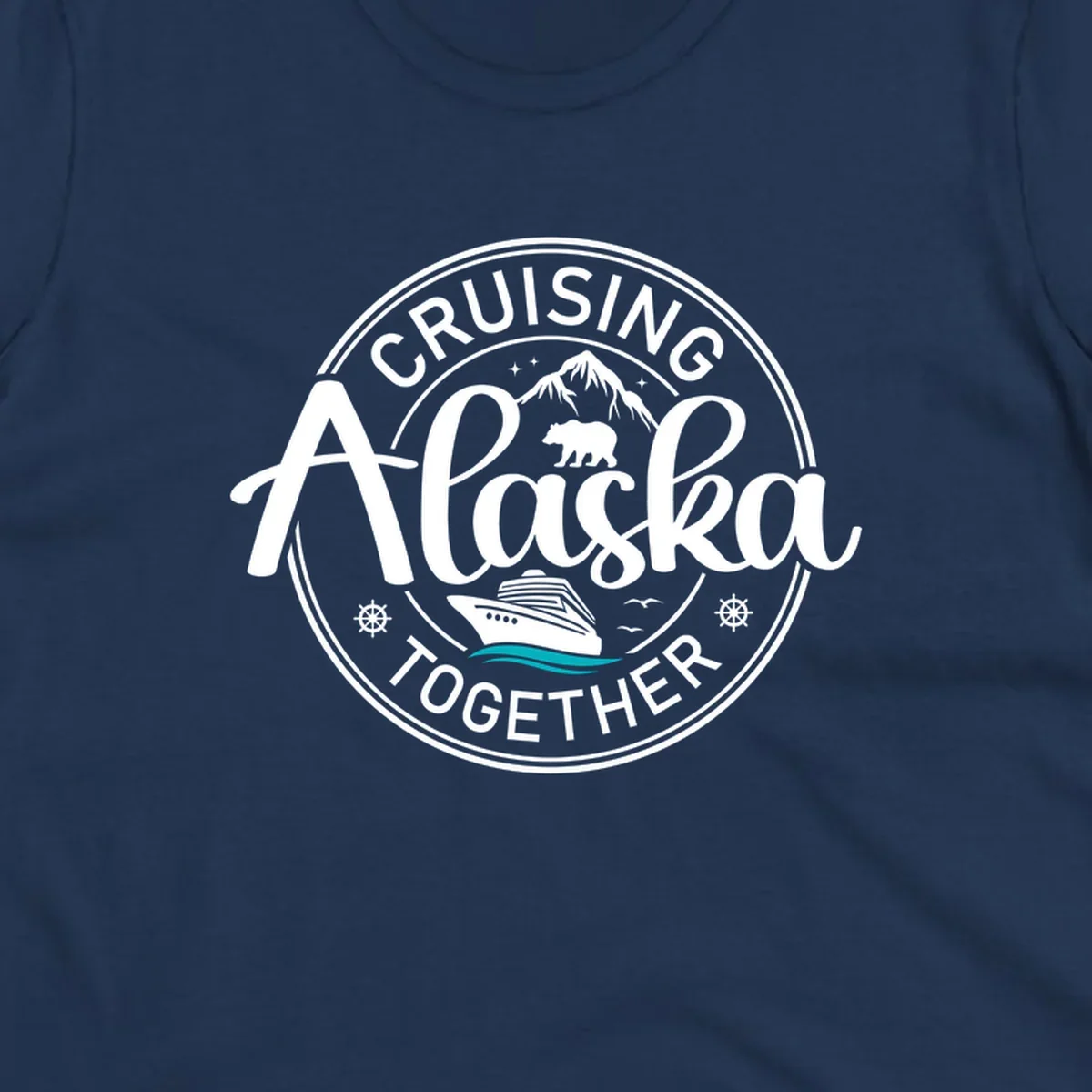 Circular badge design reading 'Cruising Alaska Together' with mountain, bear, and cruise ship illustrations in white and teal on gray background