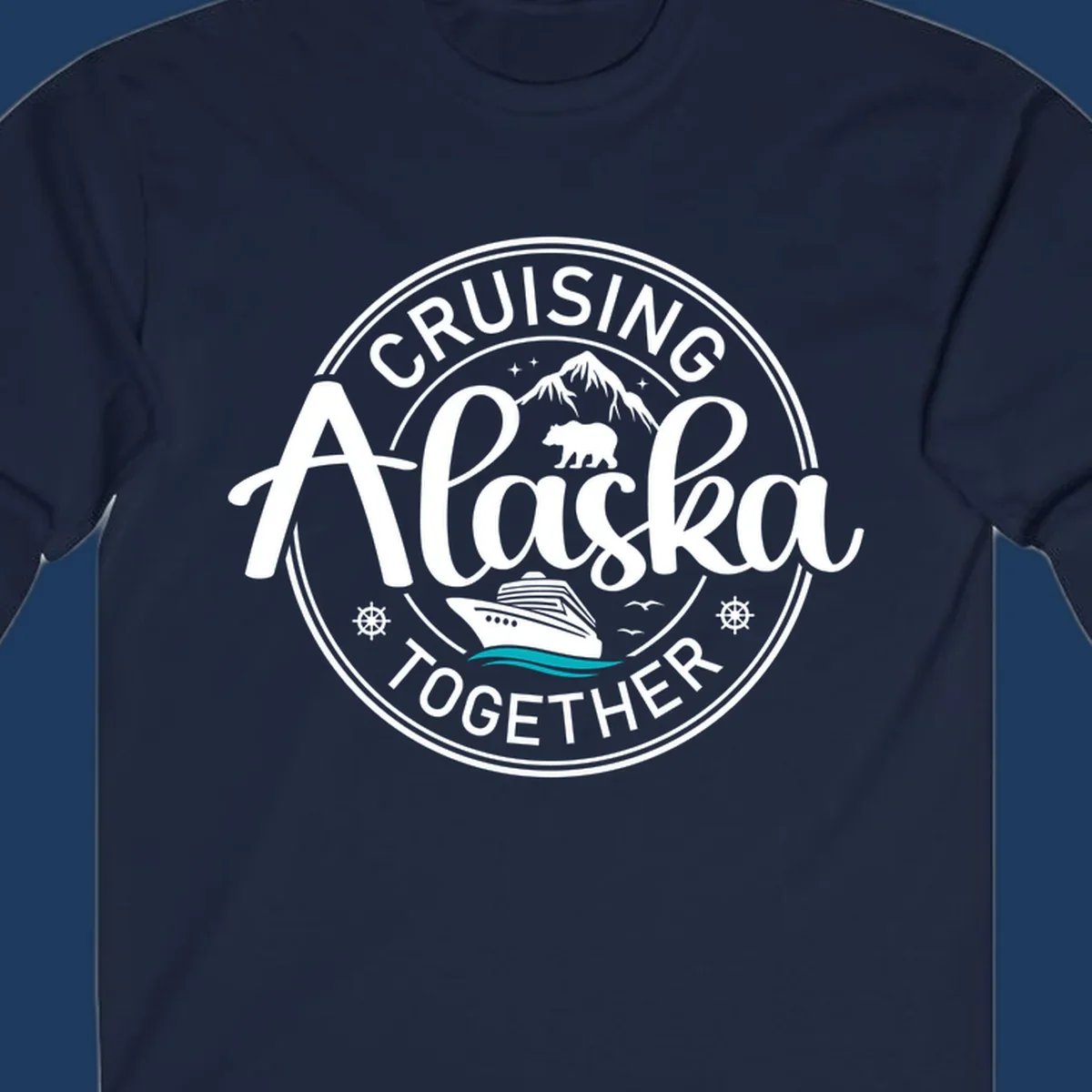 Circular badge design reading 'Cruising Alaska Together' with mountain, bear, and cruise ship illustrations in white and teal on gray background