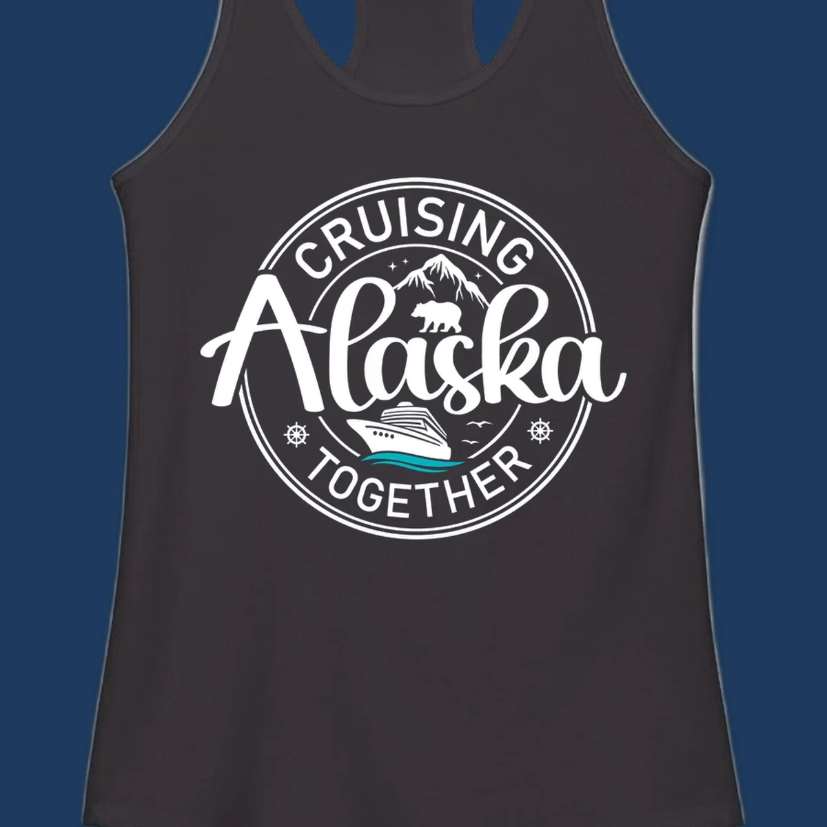 Circular badge design reading 'Cruising Alaska Together' with mountain, bear, and cruise ship illustrations in white and teal on gray background