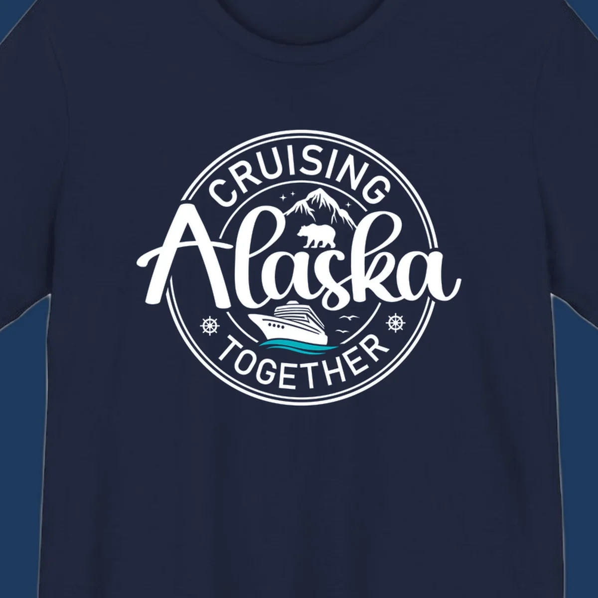 Circular badge design reading 'Cruising Alaska Together' with mountain, bear, and cruise ship illustrations in white and teal on gray background