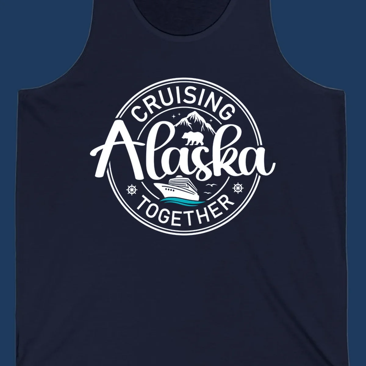 Circular badge design reading 'Cruising Alaska Together' with mountain, bear, and cruise ship illustrations in white and teal on gray background