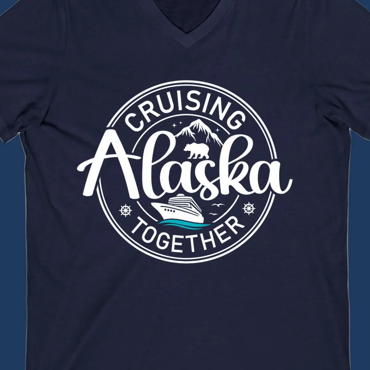 Circular badge design reading 'Cruising Alaska Together' with mountain, bear, and cruise ship illustrations in white and teal on gray background