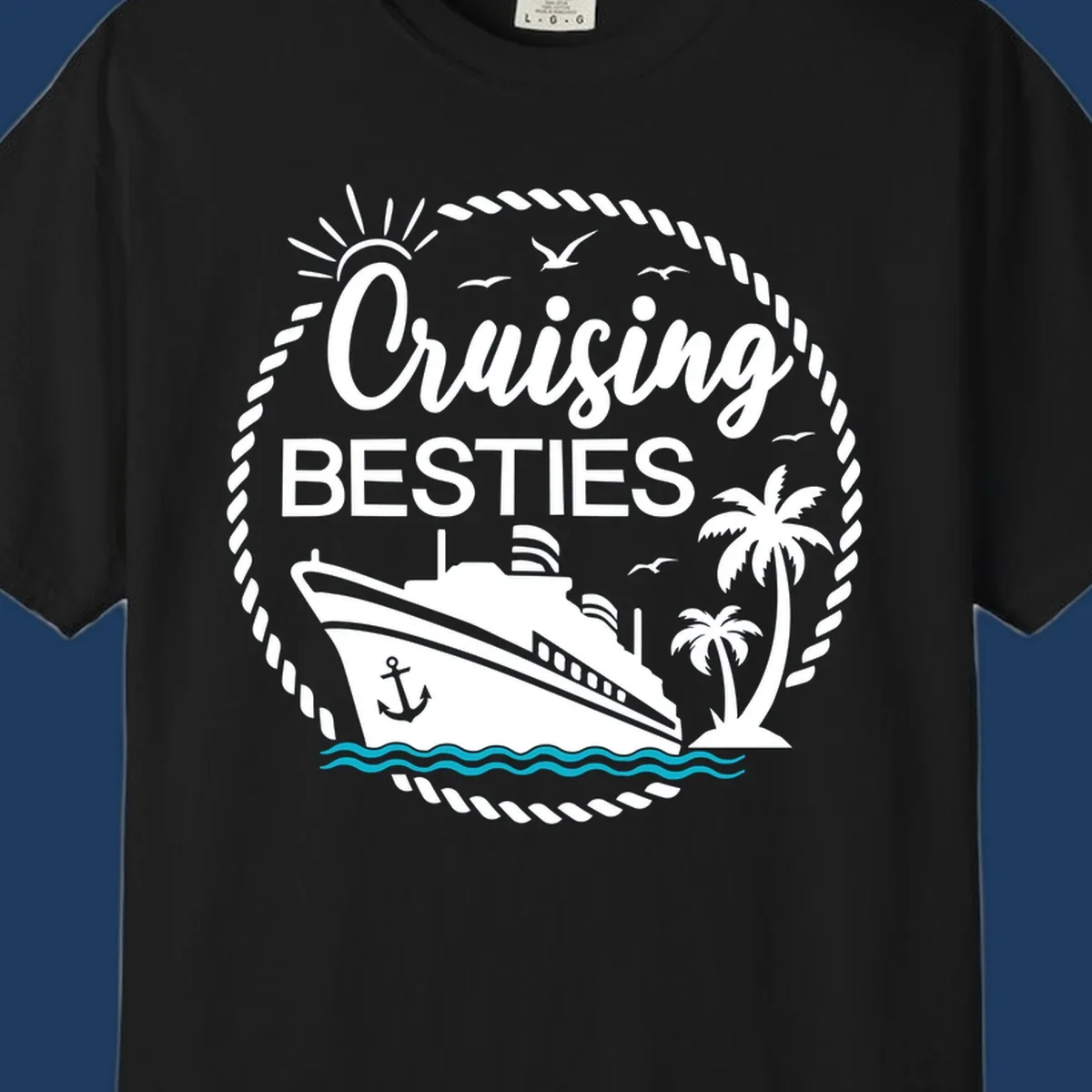 Cruising besties nautical badge design with cruise ship, palm trees, seagulls, and ocean waves in white on gray background