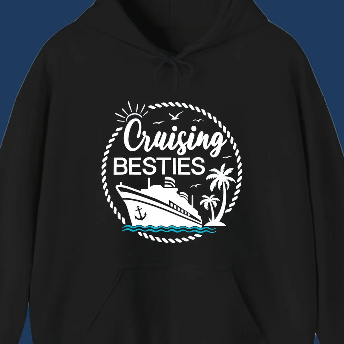 Cruising besties nautical badge design with cruise ship, palm trees, seagulls, and ocean waves in white on gray background