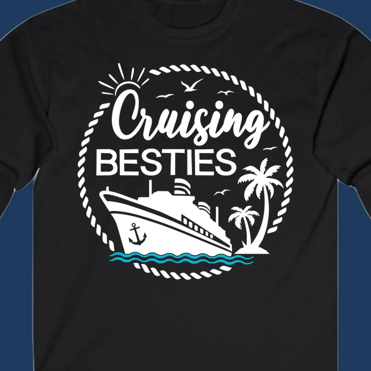 Cruising besties nautical badge design with cruise ship, palm trees, seagulls, and ocean waves in white on gray background