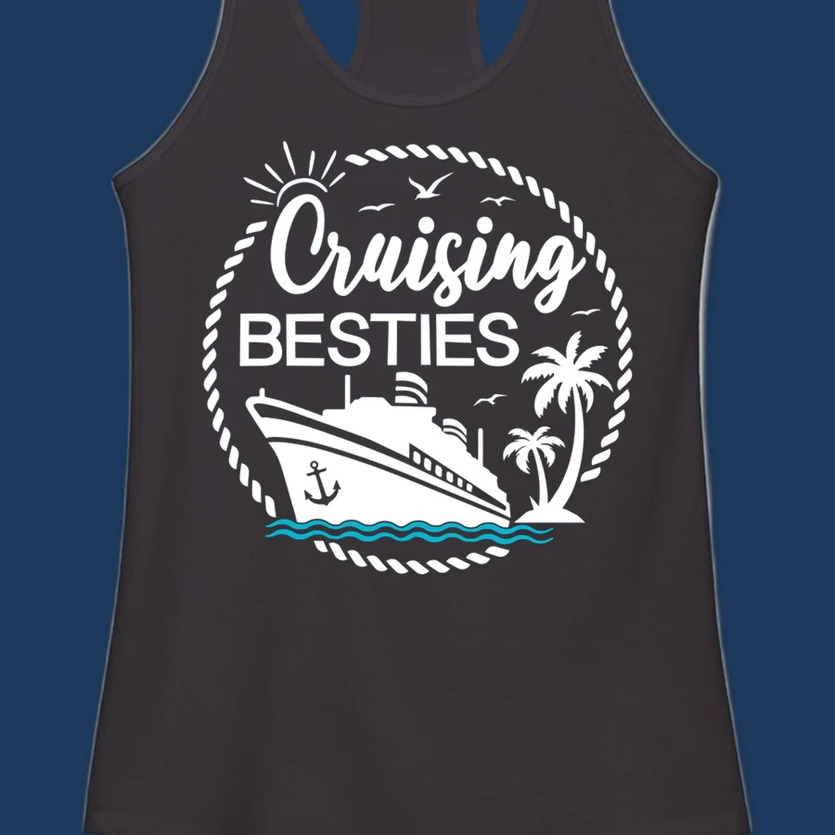 Cruising besties nautical badge design with cruise ship, palm trees, seagulls, and ocean waves in white on gray background