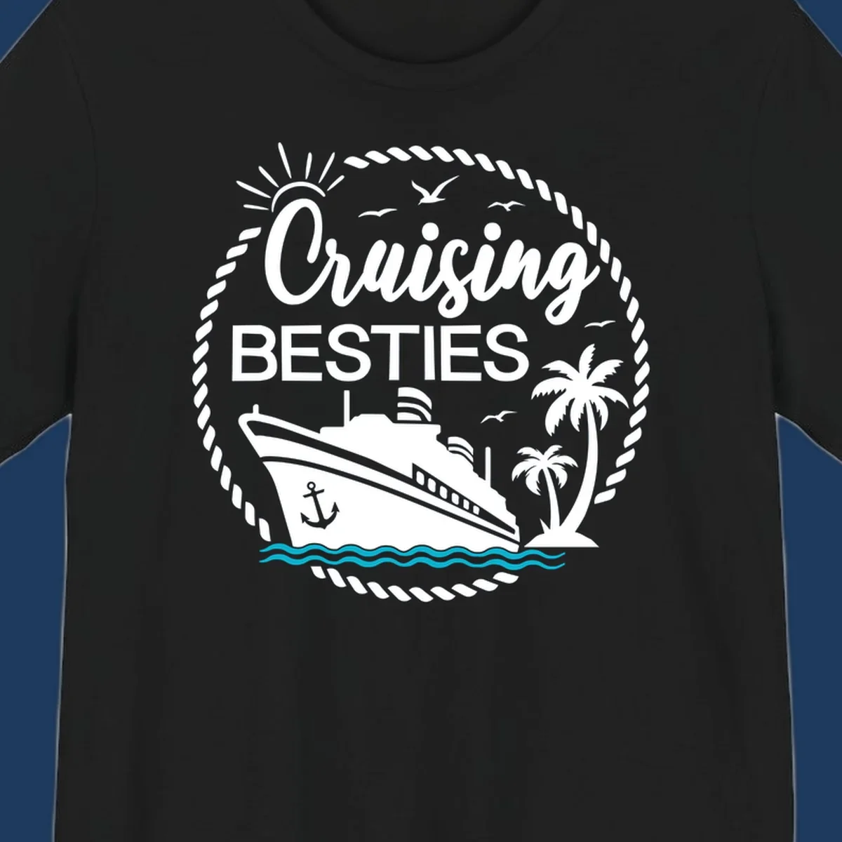 Cruising besties nautical badge design with cruise ship, palm trees, seagulls, and ocean waves in white on gray background
