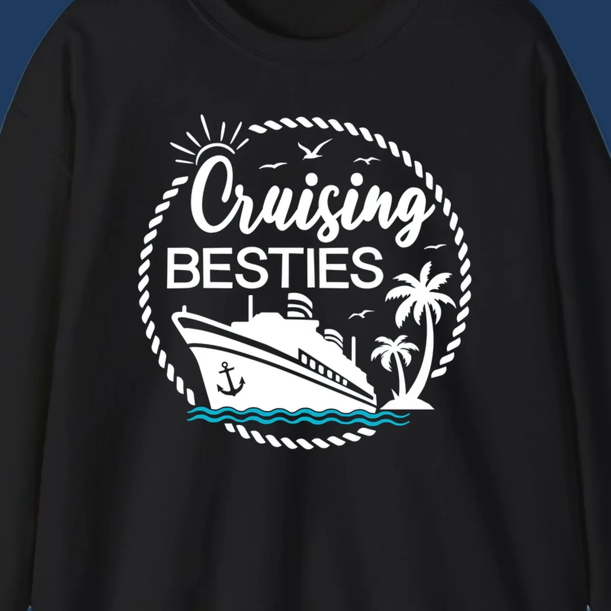 Cruising besties nautical badge design with cruise ship, palm trees, seagulls, and ocean waves in white on gray background