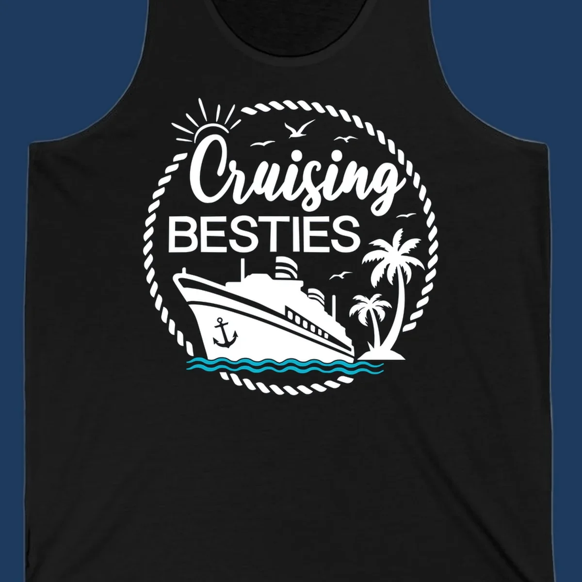 Cruising besties nautical badge design with cruise ship, palm trees, seagulls, and ocean waves in white on gray background