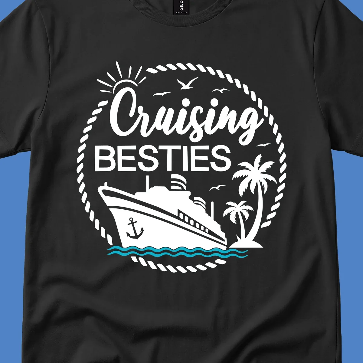 Cruising besties nautical badge design with cruise ship, palm trees, seagulls, and ocean waves in white on gray background