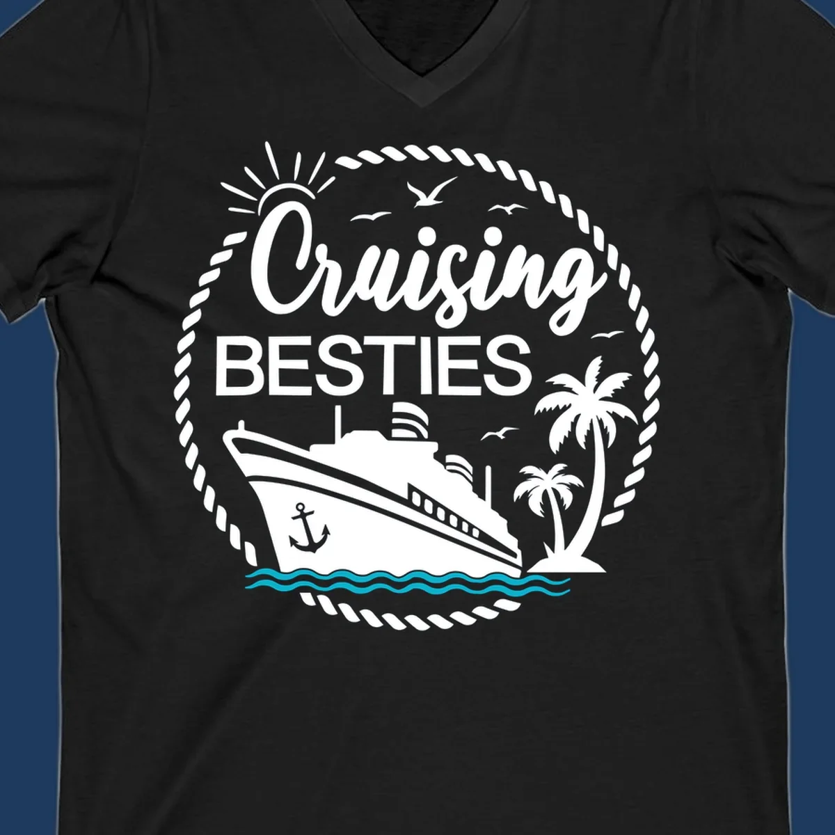 Cruising besties nautical badge design with cruise ship, palm trees, seagulls, and ocean waves in white on gray background