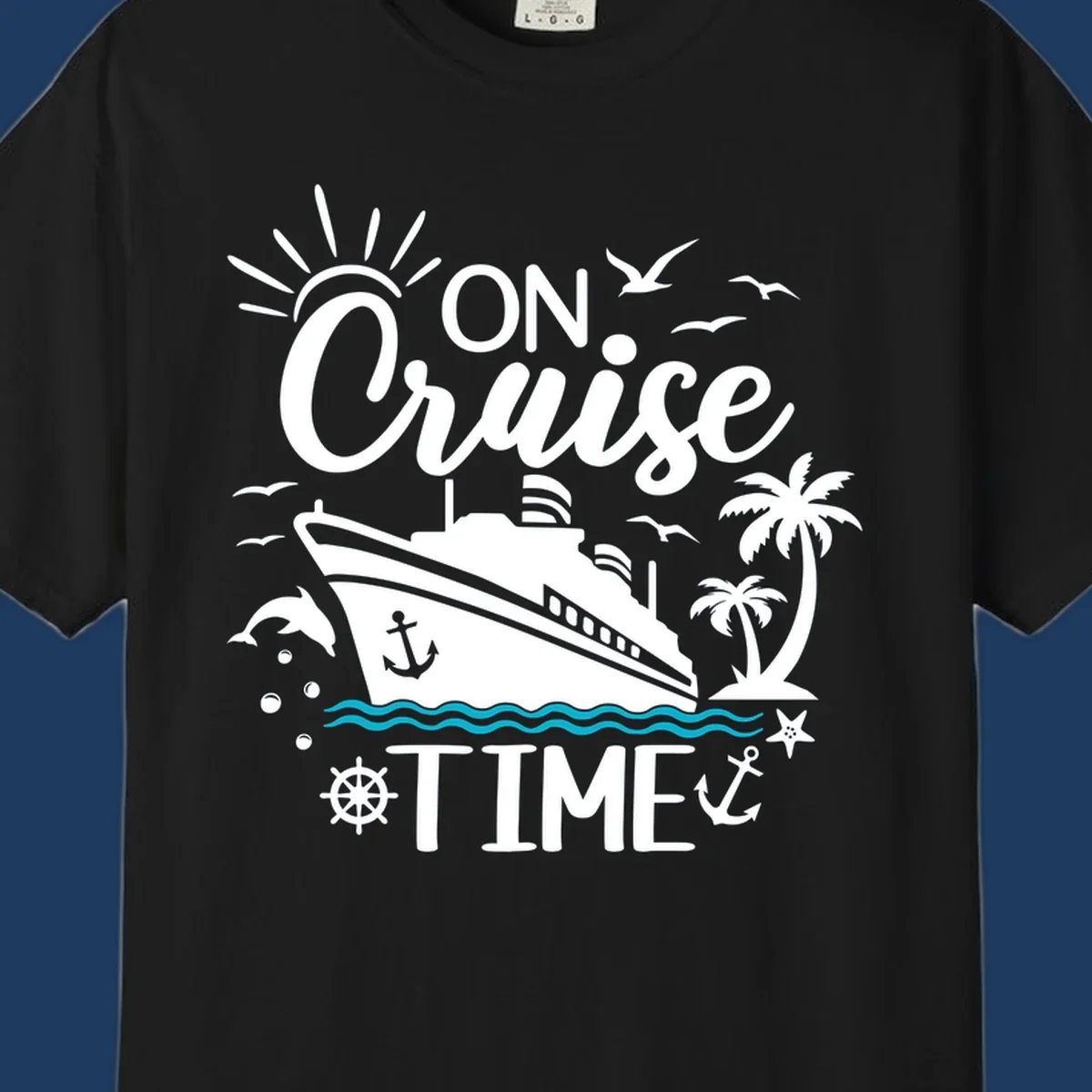 Nautical cruise vacation design with 'ON Cruise TIME' text, ship, palm trees, ocean waves, and maritime symbols on gray background.