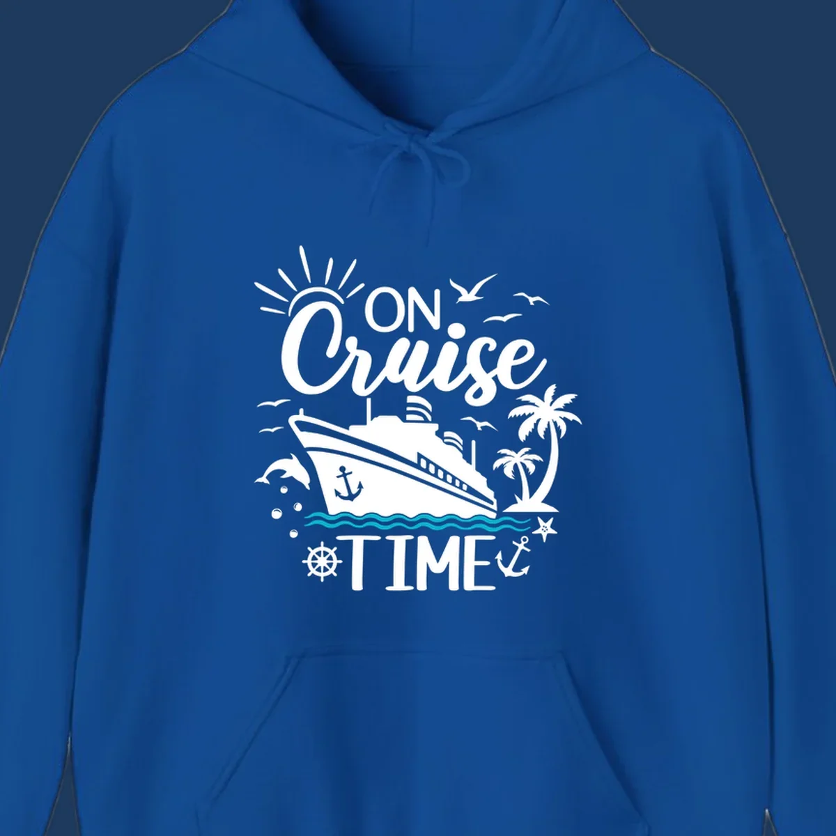 Nautical cruise vacation design with 'ON Cruise TIME' text, ship, palm trees, ocean waves, and maritime symbols on gray background.